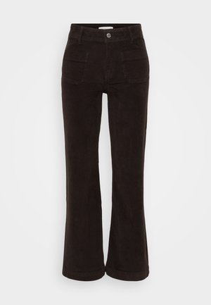 Musta korkea vyötäröinen leveälahkeiset corduroy-housut, joissa on kaksi takataskua ja hopeanvärinen napin suljin. Pehmeä koostumus, selkeä pystysuuntainen ribbineulos.