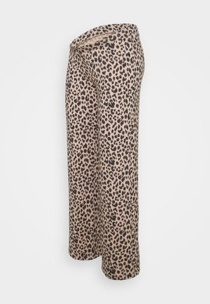 Leopardenmuster-Hosen mit weitem Bein in Beige und Schwarz, mit hoher Taille und weichem, fließendem Stoff.