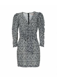 Korte mouwen, wikkeljurk van doorzichtig materiaal met een zwart-wit luipaardprint, voorzien van een v-halslijn en een strikdetail bij de taille.