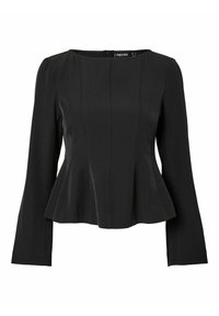 Top peplum nero realizzato in tessuto testurizzato. Presenta una scollatura quadrata e maniche lunghe con cuciture lungo il corpo per un fit su misura.