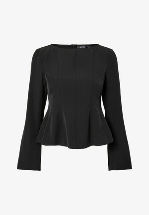 Schwarzes Peplum-Oberteil aus strukturiertem Stoff. Mit einem quadratischen Ausschnitt und langen Ärmeln, die entlang des Körpers Nähte für eine taillierte Passform aufweisen.