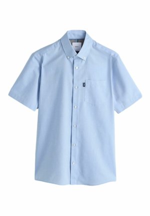 Light blue short-sleeve button-up shirt with a front chest pocket and a button-down collar.