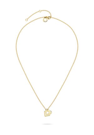 Delicate gouden ketting met een klein hartvormig hangertje met een verbonden geometrisch ontwerp, karabijnsluiting en verstelbare verlenging.