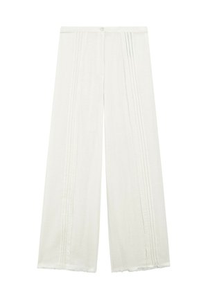 Light beige wide-leg trousers made of soft fabric, featuring vertical seams and a frayed hem. Equipped with a button closure.