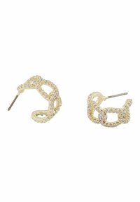 Guldtonade hoopörhängen med en länkad kedjedesign, prydda med klara rhinestones längs kanterna och en slät, polerad finish.