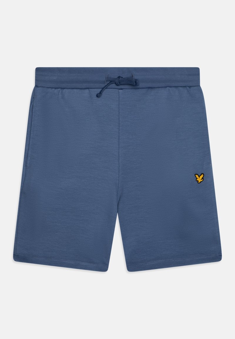 Shorts décontractés bleus avec taille élastique et cordon, poches latérales et un petit logo d'oiseau jaune sur la partie avant de la jambe gauche.