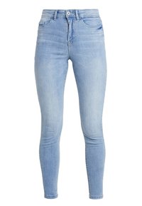 Ljust blå skinny jeans i denim med en slät textur, med en medelhög midja, fem fickor och minimal blekning.