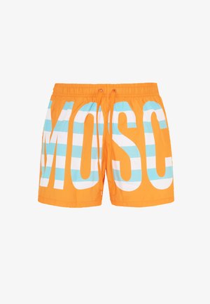 Costume da bagno arancione con grandi lettere bianche in blocco "MOSC" e strisce orizzontali blu. Vita elastica con cordoncino regolabile.