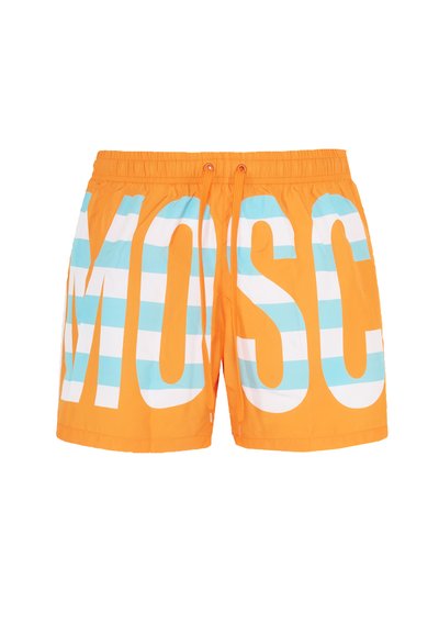 Costume da bagno arancione con grandi lettere bianche in blocco "MOSC" e strisce orizzontali blu. Vita elastica con cordoncino regolabile.