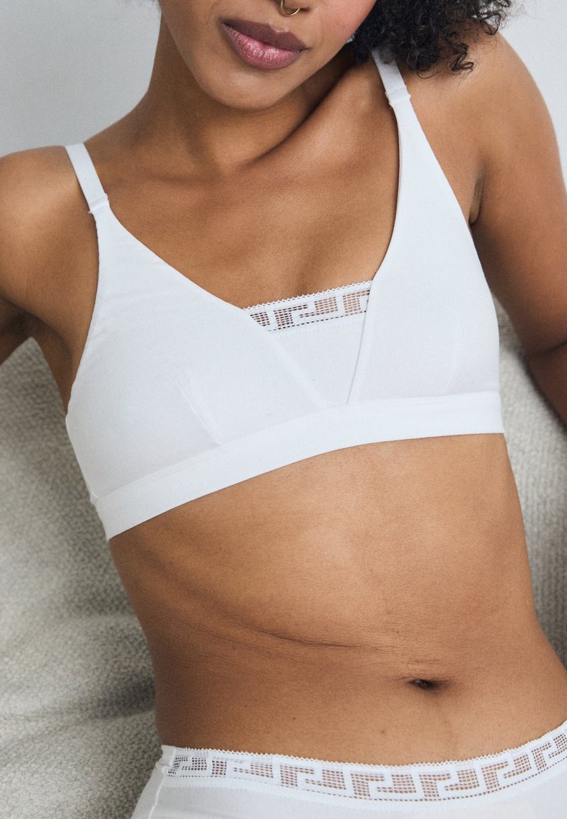White bralette with adjustable straps, a v-neck design, and a textured lace trim detailing. Smooth fabric with a minimalist look.
