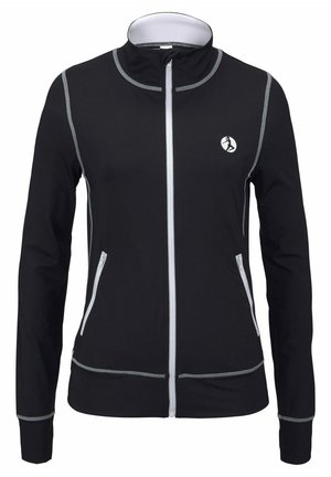 Black zip-up jacket with a high collar, white zipper, and reflective stitching. Features two zippered front pockets and a logo accent.