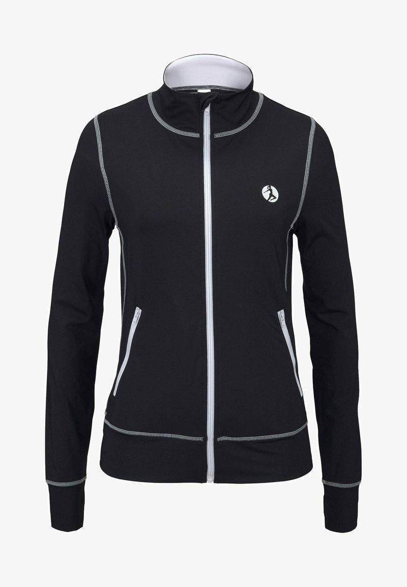 Schwarze Zip-Jacke mit hohem Kragen, weißem Reißverschluss und reflektierenden Nähten. Verfügt über zwei Reißverschluss-Vordertaschen und ein Logo-Detail.