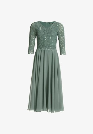 Miętowa sukienka z koronkowym gorsetem i rękawami do łokcia, z dekoltem w serek i plisowaną spódnicą z szyfonu. Zamek błyskawiczny z tyłu.