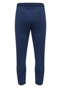 Marineblaue Jogginghosen mit elastischem Bund und Bündchen, von hinten auf weißem Hintergrund gezeigt.