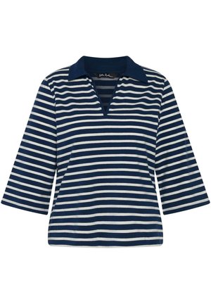 Suéter de rayas azul marino y blanco con cuello, escote en V y mangas de tres cuartos, hecho de tela suave.