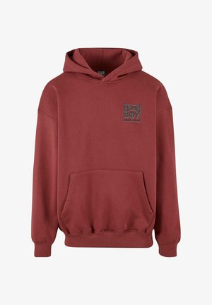 Maroon hoodie made of soft fabric featuring a front pocket, ribbed cuffs, and a square logo with text on the upper left side.