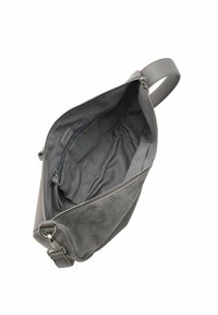 Sac à main en suede gris avec fermeture éclair, intérieur spacieux, plusieurs poches et une poignée robuste. Caractérisé par une texture douce et un design minimaliste.