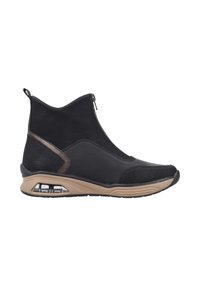 Bottines noires à fermeture éclair sur le côté, en cuir noir texturé et en matière synthétique lisse, avec une accentuation marron et une semelle rembourrée.