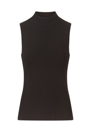 Schwarzes ärmelloses Top aus einem glatten, dehnbaren Stoff mit hohem Kragen und figurbetonter Silhouette. Minimalistisches Design ohne sichtbare Muster oder Hardware.