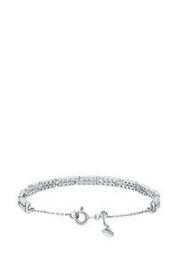 Pulsera de cadena de plata que presenta formas ovaladas enlazadas con recortes circulares, cierre de langosta y una extensión de cadena ajustable.