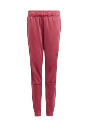 Pantaloni sportivi rossi con vita elasticizzata, gambe affusolate e strisce laterali blu. Realizzati in tessuto liscio e leggero. Due tasche laterali.