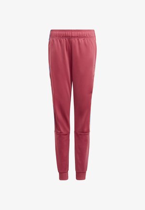 Pantaloni sportivi rossi con vita elasticizzata, gambe affusolate e strisce laterali blu. Realizzati in tessuto liscio e leggero. Due tasche laterali.