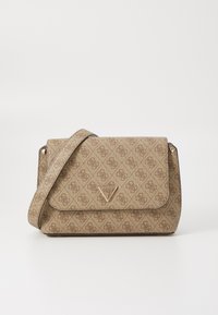 Borsa a spalla color beige con tessuto testurizzato, caratterizzata da un design a motivo, un logo triangolare e una chiusura color oro. Tracolla regolabile.