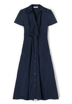 Midi sukienka w kolorze granatowym na guziki, z krótkimi bufkowatymi rękawami, szpiczastym kołnierzem i wiązaniem z przodu w talii.