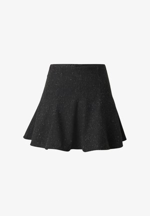 Black flared skirt with a textured pattern, made of woven fabric featuring subtle specks of color. Mid-rise waistband, A-line shape.