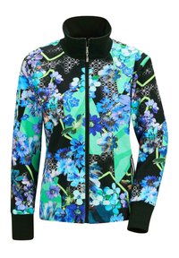 Vollzip-Jacke mit hohem Kragen und schwarzen Bündchen, die ein lebhaftes blaues und grünes Blumenmuster auf einem schwarzen und hellgrünen geometrischen Hintergrund aufweist.