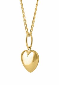 Colgante de corazón dorado en una cadena. El corazón es liso y pulido, conectado por un eslabón circular a una cadena trenzada.
