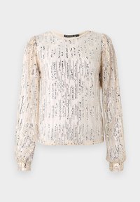 Lange mouw top met pailletten in lichtbeige met verticale zilveren patronen. Beschikt over een ronde halslijn en geplooide mouwen.