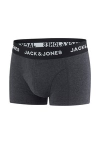 Dark gray boxer briefs made of cotton, featuring a black waistband with white "JACK & JONES" logo printed along the edge.