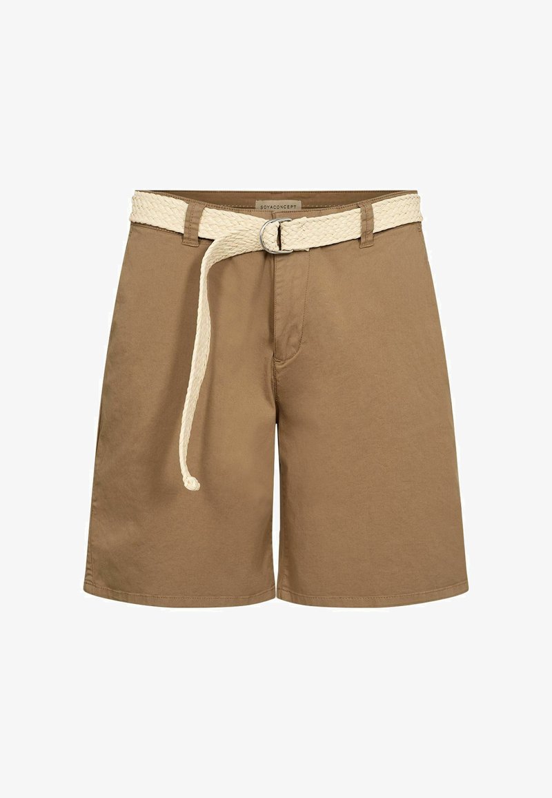 Shorts marron mi-genoux avec une ceinture tissée blanche passée dans des passants, équipée d'une boucle métallique en forme de D.
