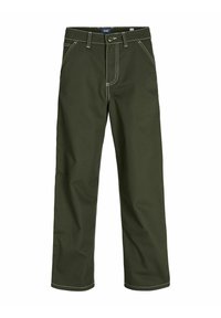 Pantalon vert olive foncé avec des coutures blanches contrastantes, fermeture bouton et coupe droite. Fabriqué en tissu durable.