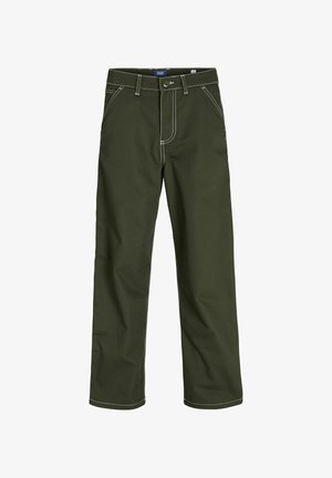 Sötét olíva zöld nadrág kontrasztos fehér varrással, gombos záródással és egyenes szabással. Tartós anyagból készült.