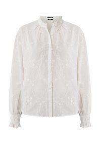 Witte geborduurde blouse met een mandarinakraag, knoopsluiting, lange wijd uitlopende mouwen en gathered manchet met bloemenpatronen.
