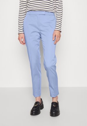 Lichtblauwe broek met een slim fit, platte voorkant en ceintuurlussen. Draagt een zwarte instapper met gouden accenten. Gestreept shirt met lange mouwen.