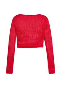 Maglione corto a maniche lunghe rosso in maglia, con trama aperta texturizzata e un sottile motivo a trecce lungo l'orlo e i polsini.