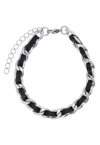 Bracciale a catena con anelli in metallo di tonalità argento alternati a inserti in pelle nera, dotato di una chiusura regolabile per adattarsi a diverse misure.
