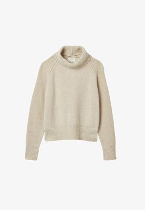 Šviesiai smėlinis megztinis su kaklo juosta, raukšlėmis ant rankovių ir apačios. Yra laisvas kirpimas ir tekstūruotas paviršius.