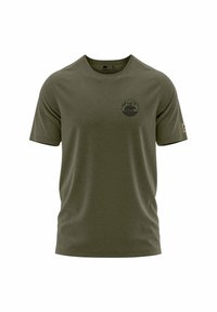 Olivgrünes T-Shirt mit kurzen Ärmeln, auf dem die Grafik eines Bären und eines Berges auf der Brust zu sehen ist. Es hat einen strukturierten Stoff und ein rundes Ausschnittdesign.