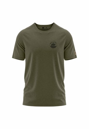 Olive green short-sleeve t-shirt featuring a bear and mountain graphic on the chest, with a textured fabric and round neck design.