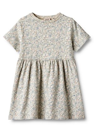 Kjole med korte ærmer i cremefarve med et blåt og beige blomsterprint og samlet talje, passende til små børn.