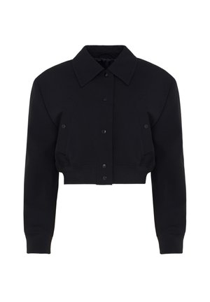 Veste courte noire avec manches longues, col structuré et boutons pression à l'avant.