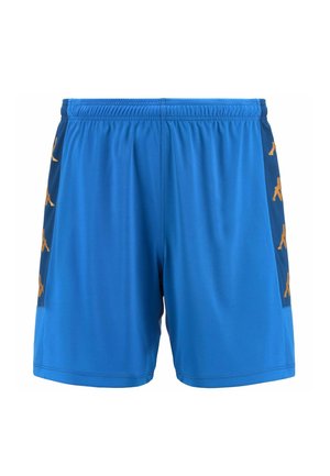 Pantaloni sportivi blu con cintura elastica e pannelli in rete laterali, caratterizzati da un motivo a logo dorato ripetuto. Texture liscia, lunghezza sopra il ginocchio.