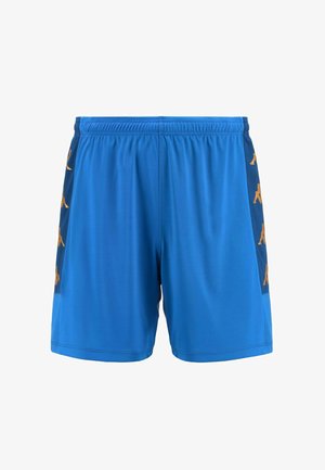 Pantaloni sportivi blu con cintura elastica e pannelli in rete laterali, caratterizzati da un motivo a logo dorato ripetuto. Texture liscia, lunghezza sopra il ginocchio.