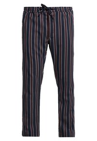 Pantalons rayés en navy, bourgogne et gris. Dotés d'une taille élastique avec un cordon de serrage. Fabriqués en tissu léger avec une coupe décontractée.