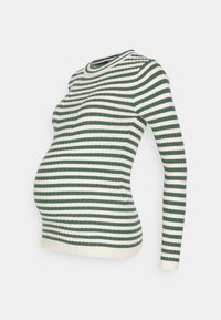 Maglione premaman a strisce verdi e bianche, maniche lunghe, texture a coste, scollo tondo, design aderente, che mette in risalto la forma curva del pancione.