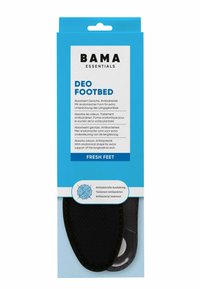Black antibacterial footbed with a textured surface, anatomical shape, and a blue packaging featuring product and usage details.